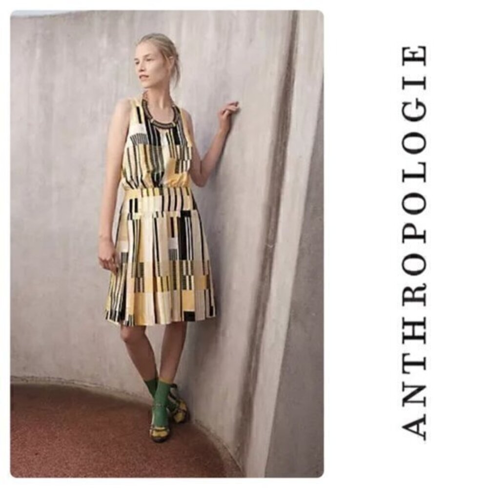 Anthropologie Maeve Otta Geometric Pleated Silk Dress Sz 4